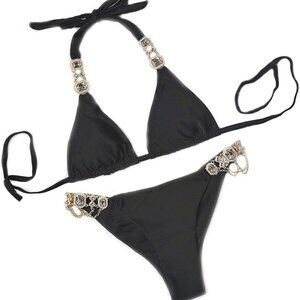 Colf Women's 2 Piece Rhinestone Swimsuits Halter String Bikini Set High Waisted